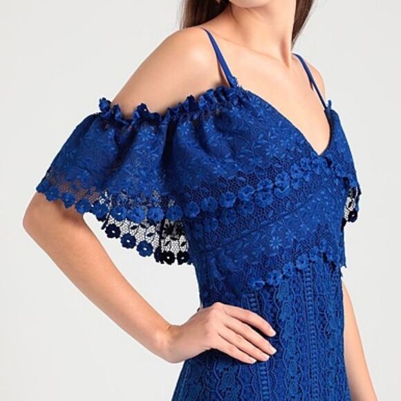 Three Floor Vibrant Royal Blue Off Shoulder Lace Dress 0 Elegant Boho - Picture 6 of 8